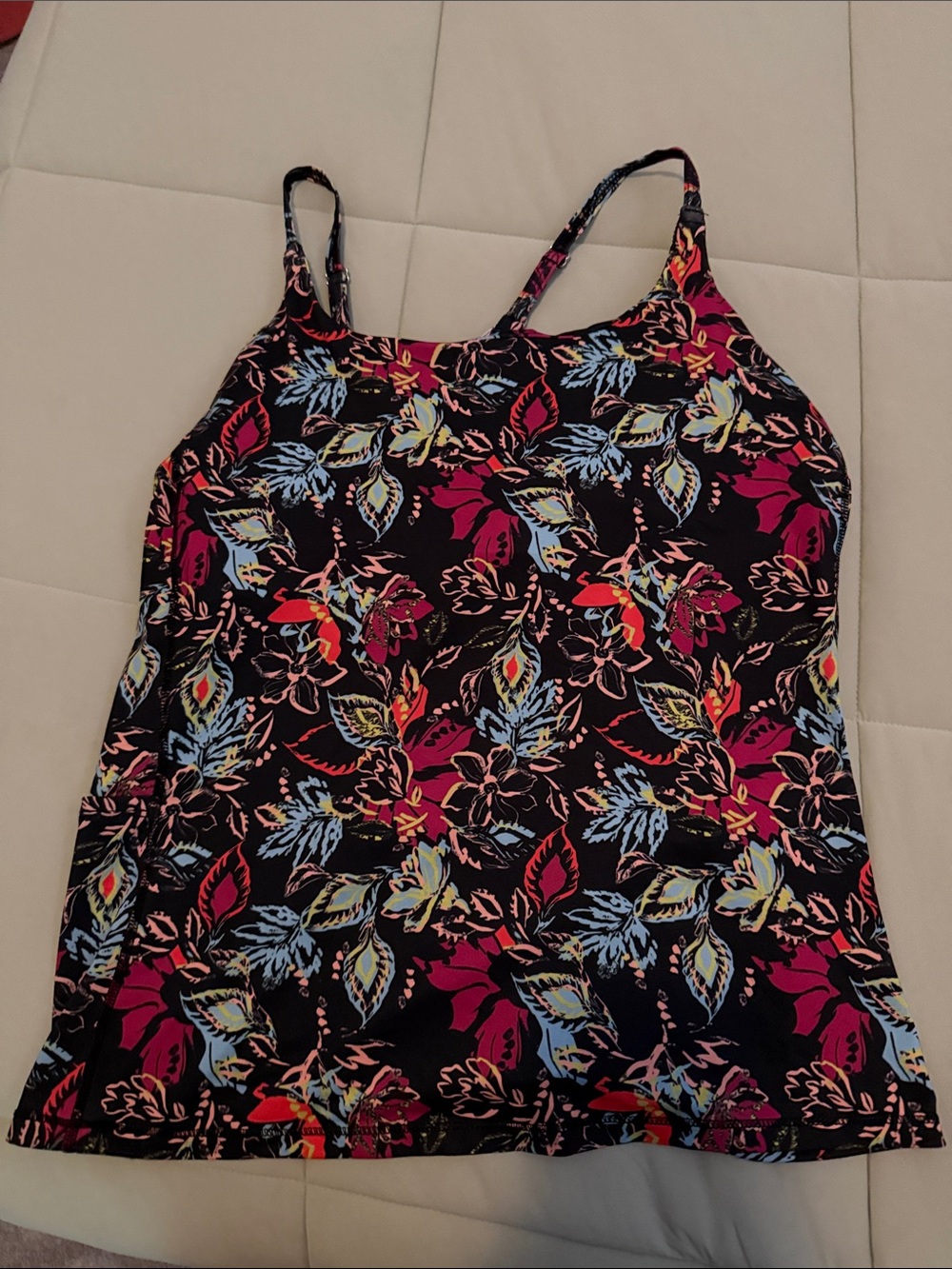 #0175 Black Floral Spaghetti-Strap Camisole with Multicolor Leaf Print